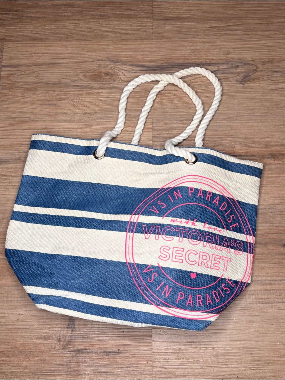 Victoria's Secret Navy & White Striped Rope-Handle Tote with Pink Logo